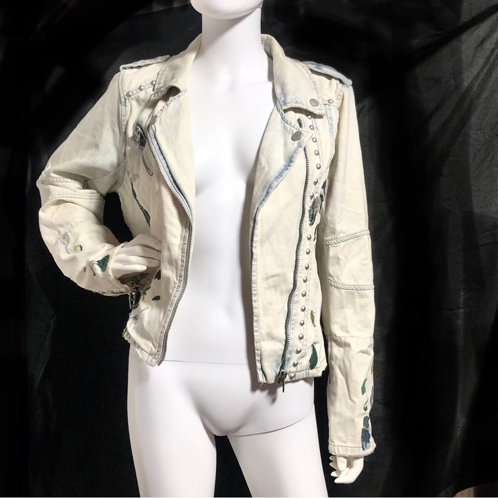 Blank NYC Washed Floral Embroidered Jean Motorcycle Jacket